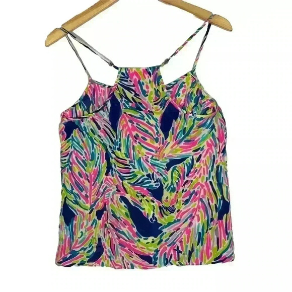 Lilly Pulitzer Silk Dusk Tank Top Indigo Palm Print Pink Blue Small - Picture 2 of 10